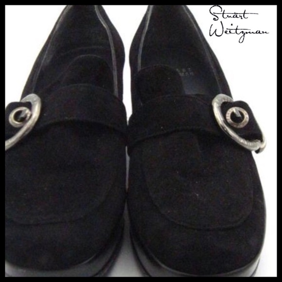 Stuart Weitzman Black Suede Buckle Loafers Sz 7.5 - Picture 2 of 8